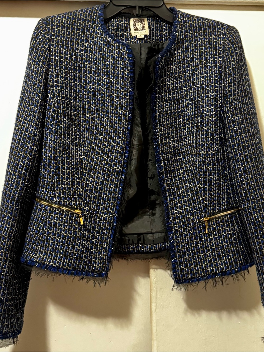 Anne Klein Navy Tweed Zip-Pocket Cropped Jacket